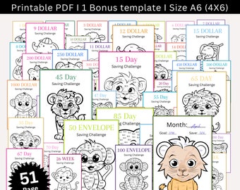 Ultimate Coloring Savings Challenge Printable Bundle, A6 Mini Animals Color Saving Challenge, Low Income Budget Binder, Money Saving Tracker