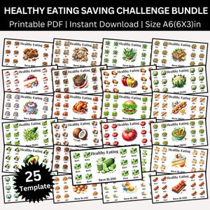 Op de afbeelding: Een set van 25 printbare kaarten voor een gezonde eet-spaaruitdaging. Elke kaart toont een ander gezond voedingsmiddel, zoals avocado, kokosnoot en broccoli, en een te besparen eurobedrag. De kaarten zijn ontworpen om mensen te helpen geld te besparen op gezond eten.