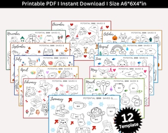 12-monatiges Farb-Spar-Tracker-Bundle, monatliche Spar-Challenge zum Ausdrucken, Geldspar-Tracker-Bundle, Budget Binder, Umschlag-Challenge