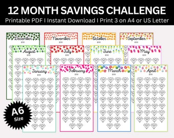 12 Month Savings Challenges Printable, Saving Challenge Bundle, Mini Savings Tracker Printable, Envelope Savings Challenge Fits A6 Binder