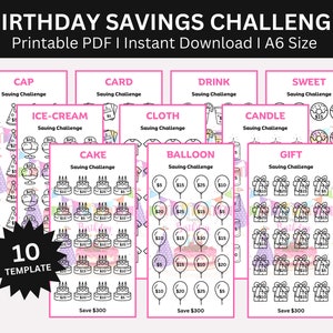 Birthday Savings Challenge Printable Bundle, A6 Sized Mini Birthday Money Saving Challenges Trackers Set Of 30