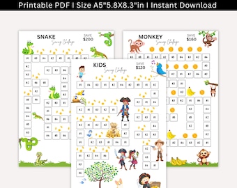 Puede incluir: Conjunto de tableros de juego imprimibles para que los niños aprendan a ahorrar dinero. Los tableros de juego presentan un tema de serpiente, mono y pirata. Cada tablero tiene una cantidad objetivo para ahorrar, como 200 €, 160 € y 120 €. Los tableros están diseñados para ayudar a los niños a aprender sobre la gestión del dinero y la educación financiera.