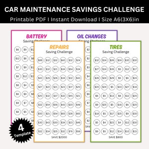May include: A printable car maintenance savings challenge with four different categories: battery, oil changes, repairs, and tires. Each category has a chart with dollar amounts in circles. The chart for repairs has a yellow background, the chart for oil changes has a purple background, the chart for tires has a green background, and the chart for battery has a pink background. The chart for repairs has the text "SAVE $2000" at the bottom. The chart for tires has the text "SAVE $900" at the bottom. The chart for oil changes has the text "SAVE $2000" at the bottom. The chart for battery has the text "SAVE $2000" at the bottom.