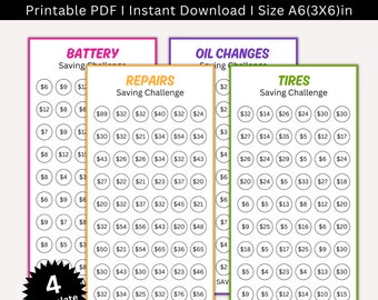 Car Maintenance Savings Challenge Printable,  Auto Repair Saving, Battery Saving, Oil Changes Savings and Tires Savings Money