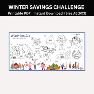 Winter Vacation Savings Challenge Printable, Winters Vacation Money Saving Challenges, Mini A6 Winter Cash Envelope Tracke