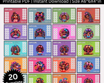 May include: A set of 20 printable savings challenge cards featuring a cute cartoon girl with colorful hair and a book. Each card has a grid of squares to track savings goals, with amounts ranging from $120 to $500.