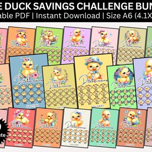 May include: A bundle of 20 printable PDF savings challenges. Each card features a cute watercolor duck with floral accents. The cards are A6 size, measuring 4.1 x 5.8 inches, and include the text "Duck Savings Challenge".