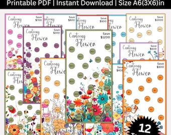 Paquete imprimible de desafío de ahorro con flores de dibujos animados, sobres de ahorro de dinero con flores tamaño A6, carpetas de presupuesto con flores