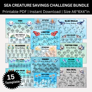 Sea Creature Animals Savings Challenge Printable Bundle, Mini A6 Ocean-Themed Saving Challenges, Money Tracker, Budget Binder Planner