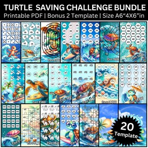 Puede incluir: Un conjunto de 20 plantillas imprimibles de desafíos de ahorro con temática de tortugas. Cada plantilla presenta un diseño único con ilustraciones de tortugas, olas y otros elementos acuáticos. Las plantillas son de tamaño A6, 10.16cm x 15.24cm, para ahorrar.