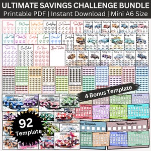 Puede incluir: Un paquete de PDF imprimible de 92 plantillas de desafío de ahorro con diseños de coches antiguos y deportivos. Las plantillas están diseñadas para ayudarte a ahorrar dinero para un pago inicial de un coche. El paquete incluye 4 plantillas de bonificación para otros objetivos de ahorro.