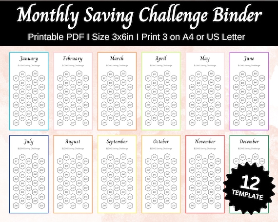 Monthly Savings Challenges Printable, Saving Challenge Bundle, A6