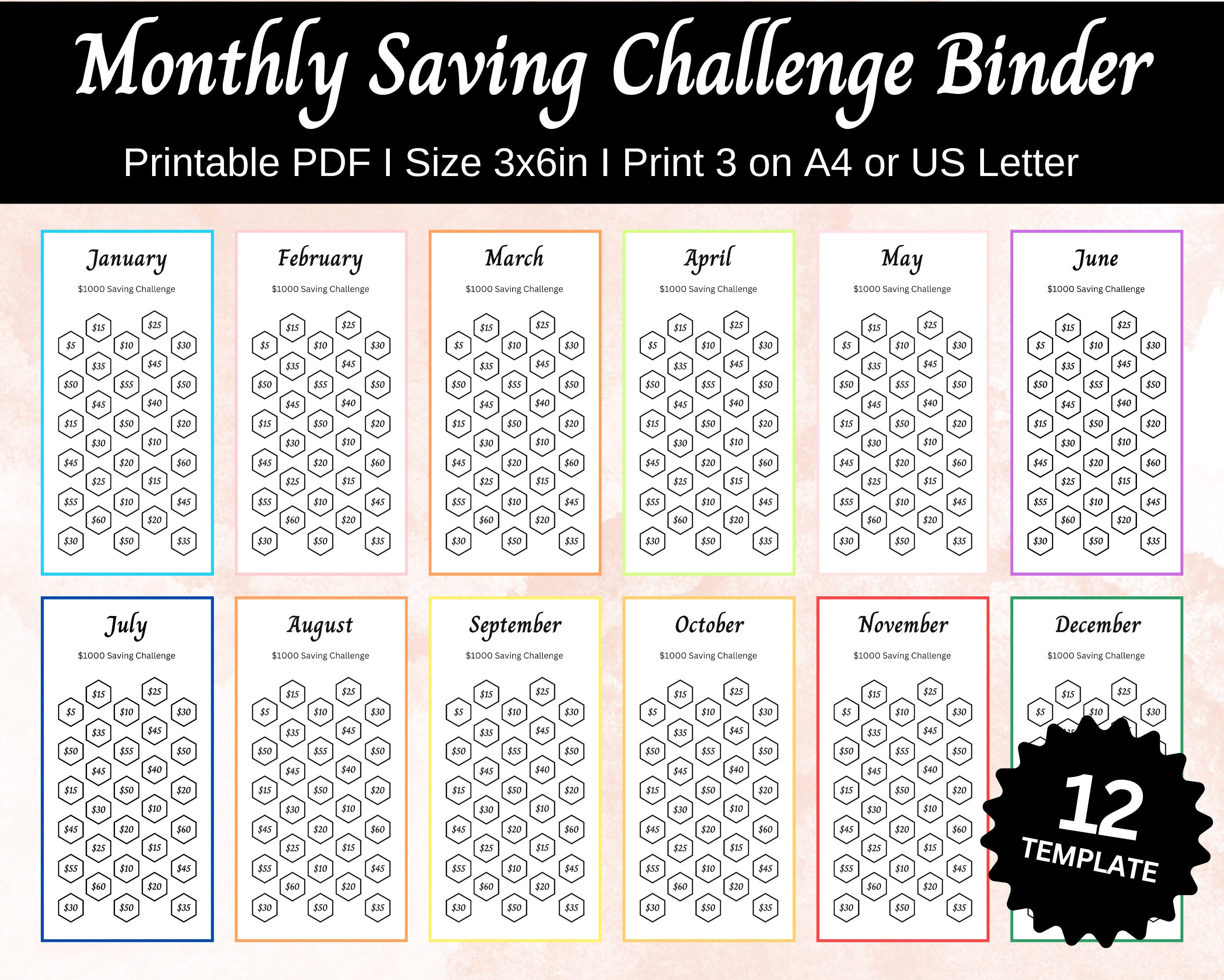 monthly savings challenges printable, saving challenge bundle, a6