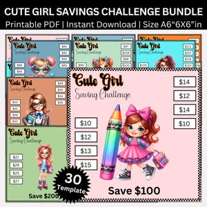 Op de afbeelding: Een afdrukbare PDF-spaaruitdagingsbundel met een schattig meisjesthema. Het ontwerp bevat illustraties van meisjes, een potlood en spaarbedragen. De tekst luidt "Cute Girl Savings Challenge" en "Bespaar 100$". Formaat A6, 15.24cm x 15.24cm.