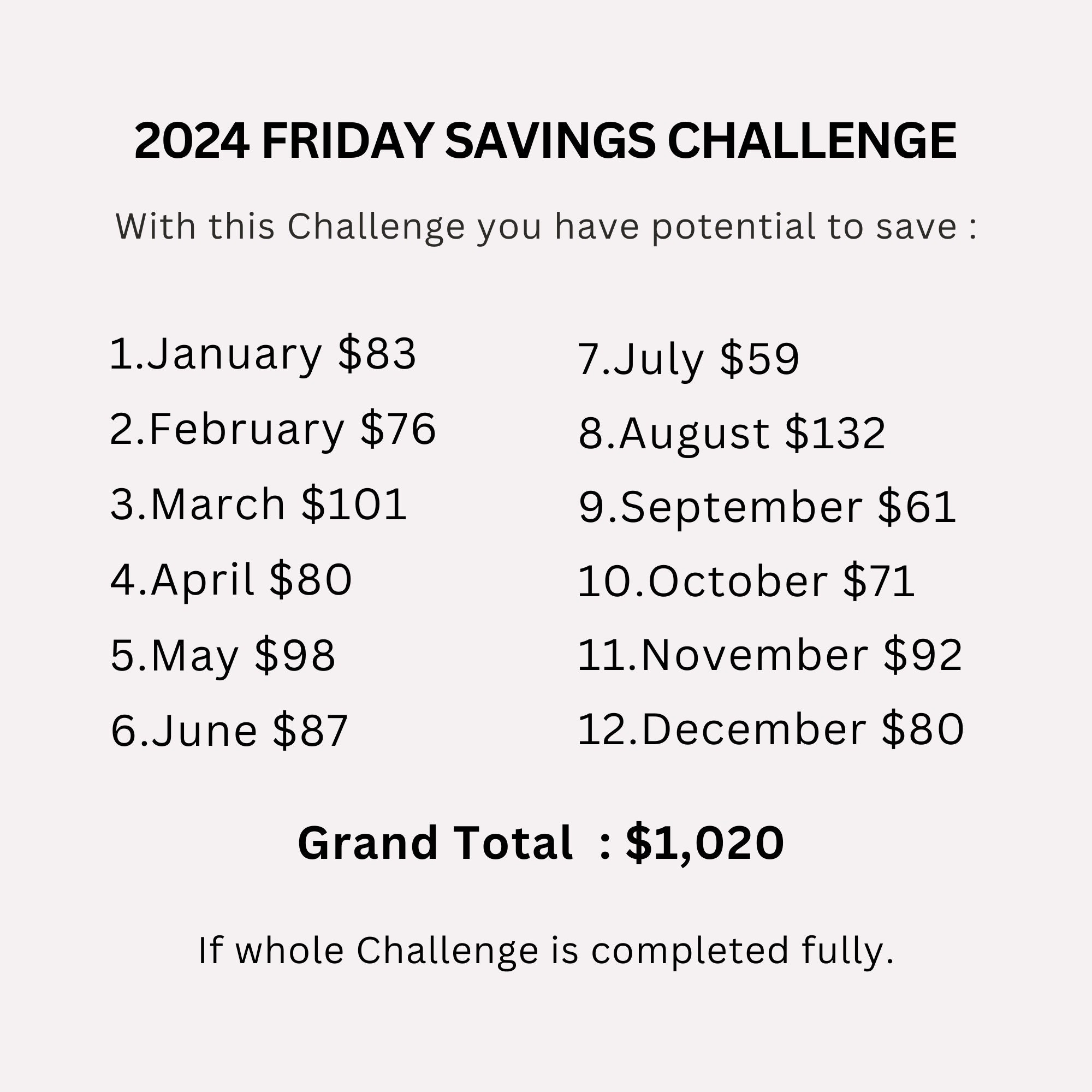 2024 Friday Savings Challenge Printable, Friday 2024 Money Saving