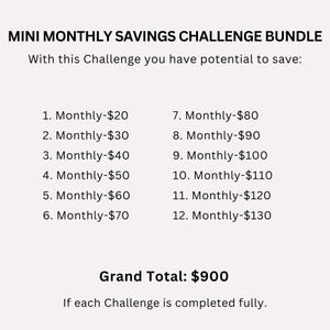 The image is a promotional image for a savings challenge bundle. It shows the potential savings that can be achieved by completing the challenge, which involves saving a certain amount of money each month for a specific period. The grand total of the challenge is $900, and if each challenge is completed fully, the savings can be doubled.