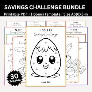 May include: A printable savings challenge bundle with 30 templates. The bundle includes a 1 dollar savings challenge with a cute cartoon egg design. The text "1 Dollar Savings Challenge" is at the top of the page. The text "Save $10" is at the bottom of the page.