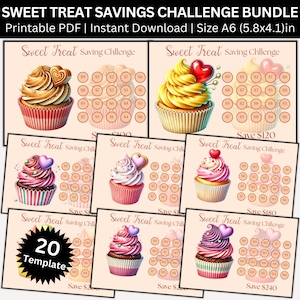 May include: A bundle of printable Sweet Treat Savings Challenge templates. Each template features a cupcake design with a heart-shaped decoration. The templates are A6 size, measuring 5.8 x 4.1 inches. The bundle includes 20 templates.