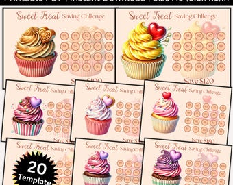 Puede incluir: Un paquete de plantillas imprimibles Sweet Treat Savings Challenge. Cada plantilla presenta un diseño de cupcake con una decoración en forma de corazón. Las plantillas son de tamaño A6, midiendo 14,7 x 10,4 cm. El paquete incluye 20 plantillas.