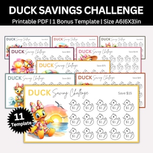May include: Eleven printable duck savings challenge charts featuring a cartoon duck in a variety of summery outfits. Each chart has a different savings goal, ranging from $15 to $135. The charts are designed to help children learn about saving money.