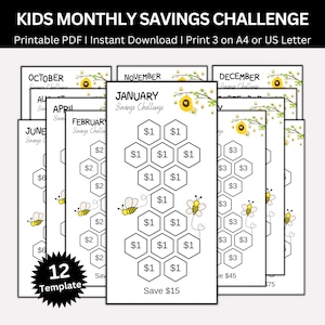 Desafío de ahorro mensual para niños imprimible, Mini desafíos de ahorro para niños A6, tarjetas de seguimiento de ahorro para niños, paquete de desafío de ahorro para niños