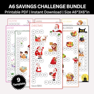 rastreador imprimible del desafío de ahorro de juegos para niños, mini desafío de ahorro en color para niños A6, paquete de desafío de juego de dinero, kit de relleno de efectivo para niños