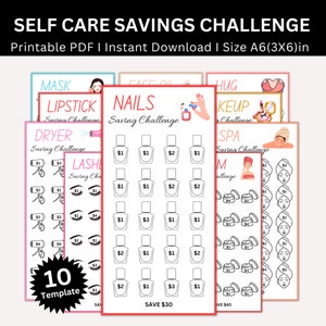 Puede incluir: Un desafío de ahorro para el cuidado personal imprimible con 10 plantillas diferentes. Cada plantilla presenta un artículo diferente para el cuidado personal, como un secador de pelo, lápiz labial o un tratamiento de spa. El desafío anima a los usuarios a ahorrar dinero para estos artículos haciendo un seguimiento de su progreso en una cuadrícula.