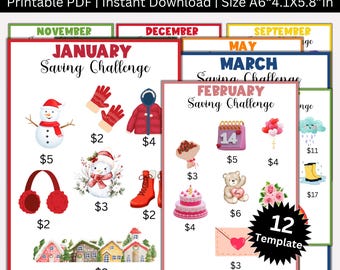 Monthly Savings Challenge Printable, 12 Month saving,  A6 Saving Challenge, Money Savings Tracker Bundle, Budget Binder, Envelope Challenge