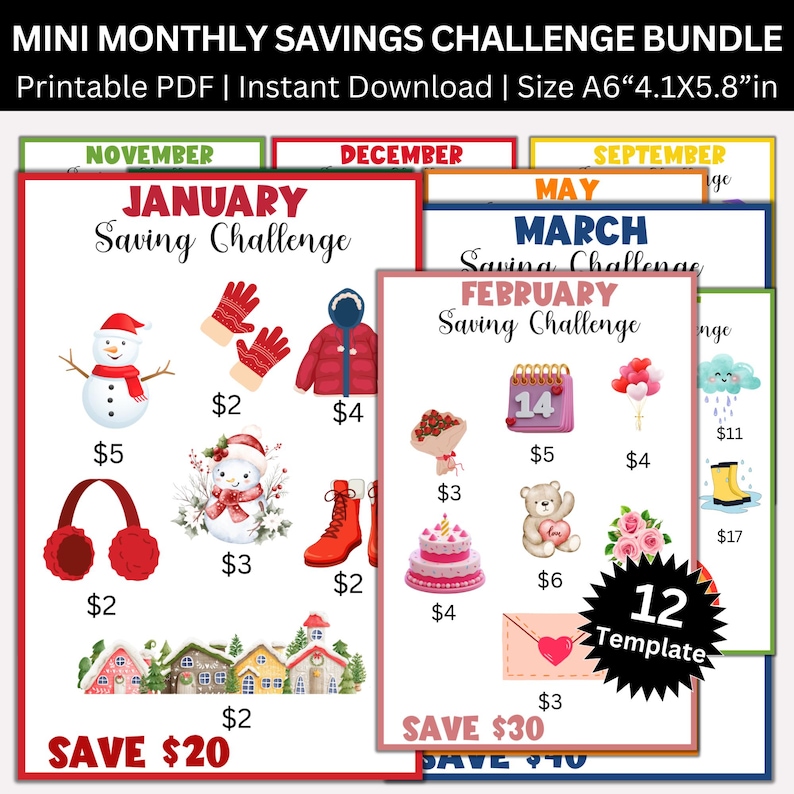The image is a collection of 12 mini savings challenge bundles, each containing various saving challenge icons and a template for a savings challenge poster. The bundles are designed to help people save money by offering different saving challenge ideas and a template for creating a savings challenge poster.