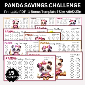 May include: A set of 15 printable panda-themed savings challenge charts. Each chart features a cute panda illustration and a grid of circles with dollar amounts for saving goals. The charts are designed to help children learn about saving money.