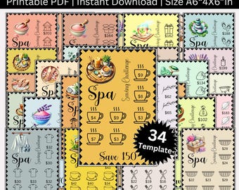 May include: A digital download bundle of 34 spa-themed savings challenges. The printable PDF includes various templates with spa-related icons and text, such as teacups, spa treatments, and dollar amounts. The size is A6, 4"x6" in.