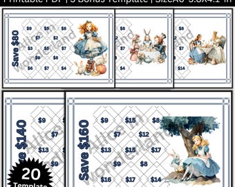 Alice in Wonderland Savings Challenge Bundle Printable, 20 A6 Money Saving Templates, Whimsical Cash Envelope Budget Challenge PDF