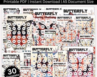 Butterfly Savings Challenge Printable Bundle, A5 Low Income Budget Butterfly Saving Envelope,  Challenges, Butterfly Cash Budget Binder