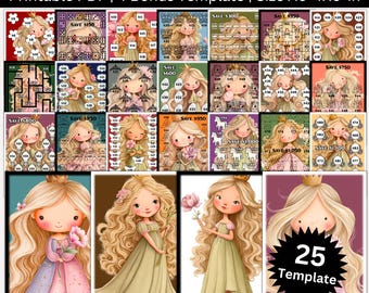 Paquete de ahorros de princesa: 25 planificadores de presupuesto A6 imprimibles, rastreadores de efectivo, insertos para carpeta de presupuesto, descarga instantánea.