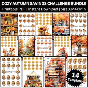 May include: A collection of 14 autumn-themed savings challenge templates. The designs feature pumpkins, sunflowers, fall foliage, and vintage trucks. The text includes "COZY AUTUMN SAVINGS CHALLENGE BUNDLE" and "Printable PDF | Instant Download | Size A6"4X6"in".