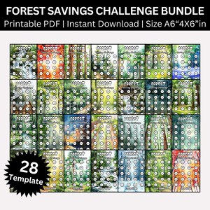 May include: A set of 28 printable forest-themed savings challenge charts. Each chart features a different watercolor illustration of a forest scene and a grid of circles to color in as you save money. The charts are designed to be printed on A6 paper, which is approximately 4x6 inches.