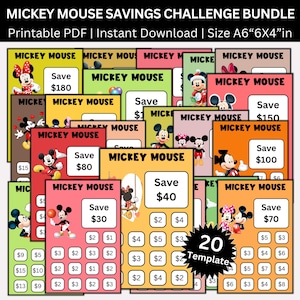 Paquete imprimible de desafíos de ahorro de Mickey Mouse, desafío de carpeta de presupuesto, desafío de ahorro digital, caricatura divertida y adorable para niños y adultos.
