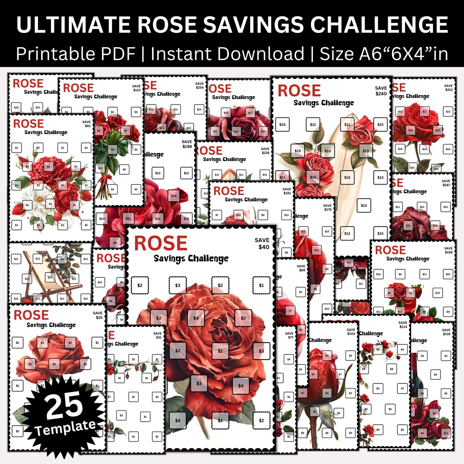 Mini Challenges With Roses Ultimate Rose Savings Challenge Printable Bundle, A6 Rose Flower Saving ...