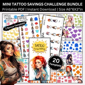 Op de afbeelding: Een bundel afdrukbare tattoo spaaruitdagingsjablonen. De sjablonen bevatten verschillende ontwerpen, waaronder vormen, harten en afbeeldingen van getatoeëerde vrouwen. De tekst bevat "Tattoo Savings Challenge" en spaarbedragen. De grootte is A6, 15.24cm x 7.62cm.