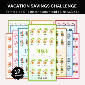 May include: Twelve printable A6 size vacation savings challenge charts. Each chart features a different theme: beach, hotel, house, and family. Each chart has a grid of 12 squares with a different amount of money in each square, ranging from $2 to $10. The charts are designed to help people save money for their vacation.