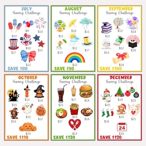 six different saving challenge posters, each with a unique theme and a list of items to save money. The posters are organized by months, with each month having a different saving challenge. The posters include items such as a book, a raincoat, a hamburger, a pumpkin, a ghost, a snowman, a heart, a dollar bill, and a rainbow. The challenge for each month is to save a certain amount of money, and the posters provide a visual representation of the savings goal.