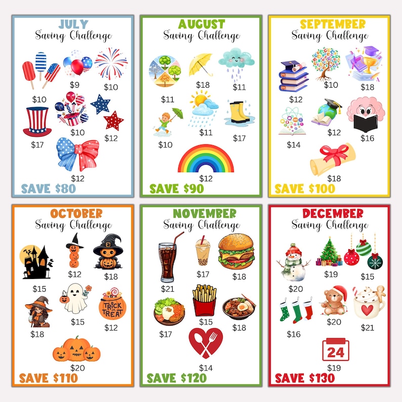 six different saving challenge posters, each with a unique theme and a list of items to save money. The posters are organized by months, with each month having a different saving challenge. The posters include items such as a book, a raincoat, a hamburger, a pumpkin, a ghost, a snowman, a heart, a dollar bill, and a rainbow. The challenge for each month is to save a certain amount of money, and the posters provide a visual representation of the savings goal.