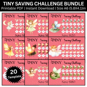 Puede incluir: Un paquete de plantillas imprimibles Tiny Saving Challenge. Cada plantilla presenta una ilustración de hada y un objetivo de ahorro. El tamaño es A6, aproximadamente 14,7 x 10,4 cm. El paquete incluye 20 plantillas para descarga instantánea.