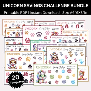 May include: A set of 20 printable unicorn-themed savings challenge charts. Each chart features a different unicorn illustration and a grid of paw prints with dollar amounts. The charts are designed to help children track their savings goals.