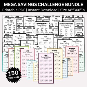May include: A printable PDF bundle of 150 savings challenge templates. Each template is a 3x6 inch A6 size card with a different savings goal, such as "Travel", "Home Loan", "Baby", and "Teacher's Day". The cards are color-coded and feature floral designs.