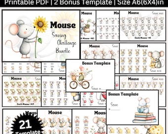 Paquete imprimible de desafíos de ahorro con adorables ratones, desafío de presupuesto, desafío de ahorro digital en PDF, lindo y divertido dibujo animado.