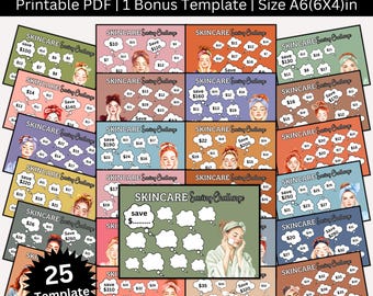 May include: A set of 25 printable skincare saving challenge templates. Each template features a colorful background with a cartoon illustration of a woman with a headband and a speech bubble. The speech bubbles contain numbers representing different amounts of money to save. The text "SKINCARE Saving Challenge" is at the top of each template.