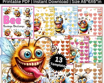 Raccoglitore con sfida "Risparmio con le api" divertente, Sfida di monitoraggio del denaro stampabile in formato A6 "Risparmia con le api", Busta per contanti "Budget con api" scaricabile immediatamente in formato PDF