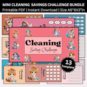 May include: A bundle of 13 printable cleaning savings challenge templates. The templates feature a pink and peach color scheme with illustrations of cartoon kittens. The text on the templates includes "Cleaning Saving Challenge" and various savings amounts.