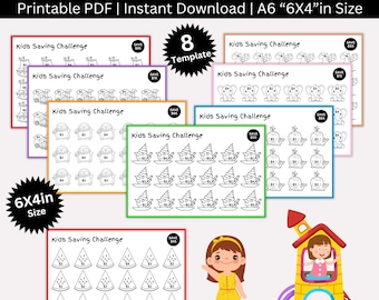 Kinder-Spar-Challenge druckbar, Mini A6 Kinder Malbuch für das Spar-Tracker, monatlich druckbare Spar-Challenge Bundle für Kinder